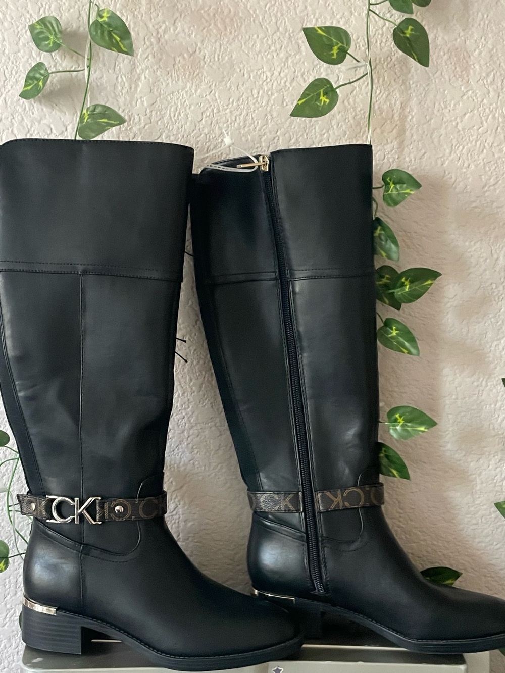 Calvin Klein Black Over-the-Knee Leather Boots with Logo Strap